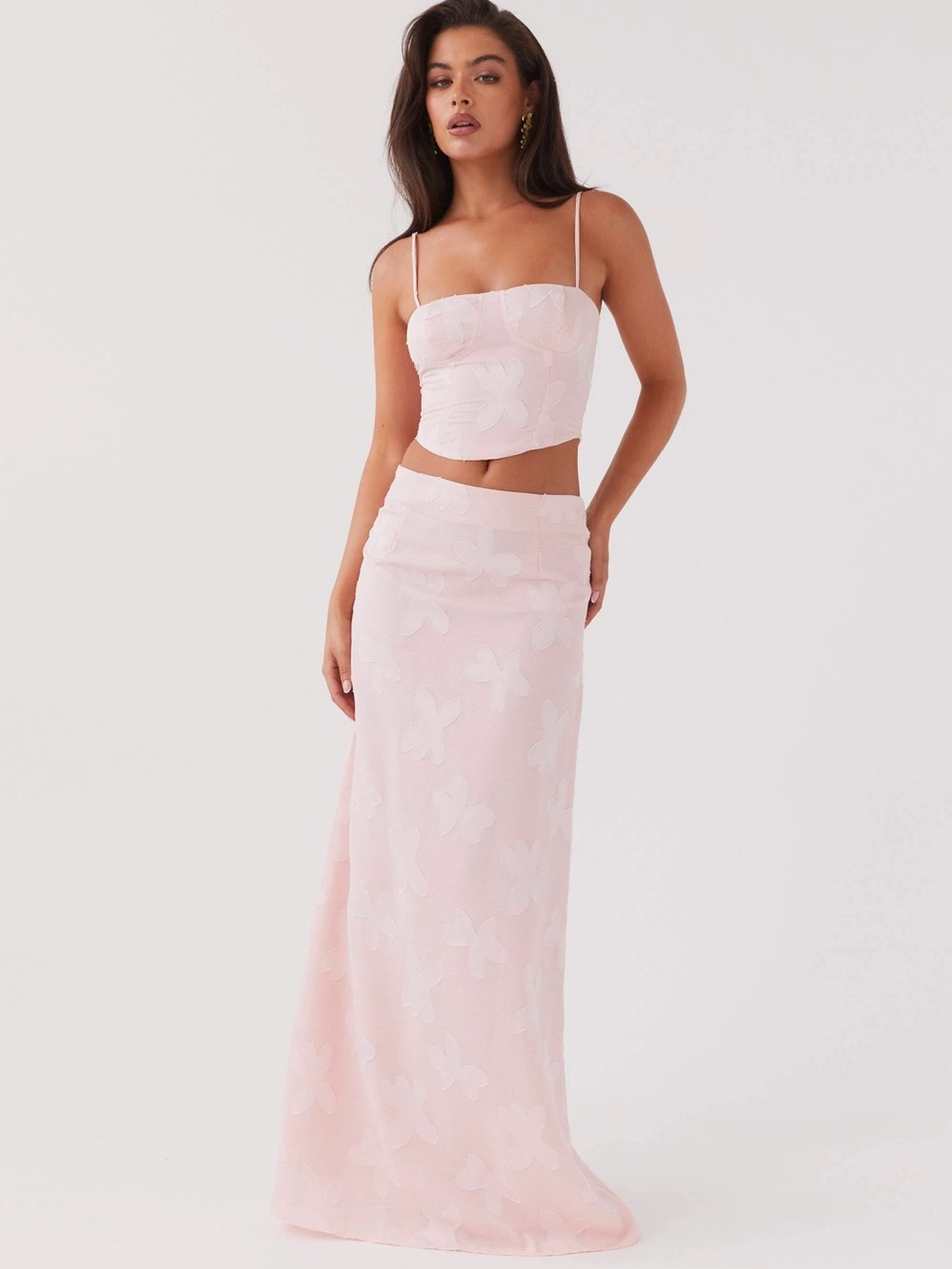 Peppermayo blush pink jacquard top & maxi skirt